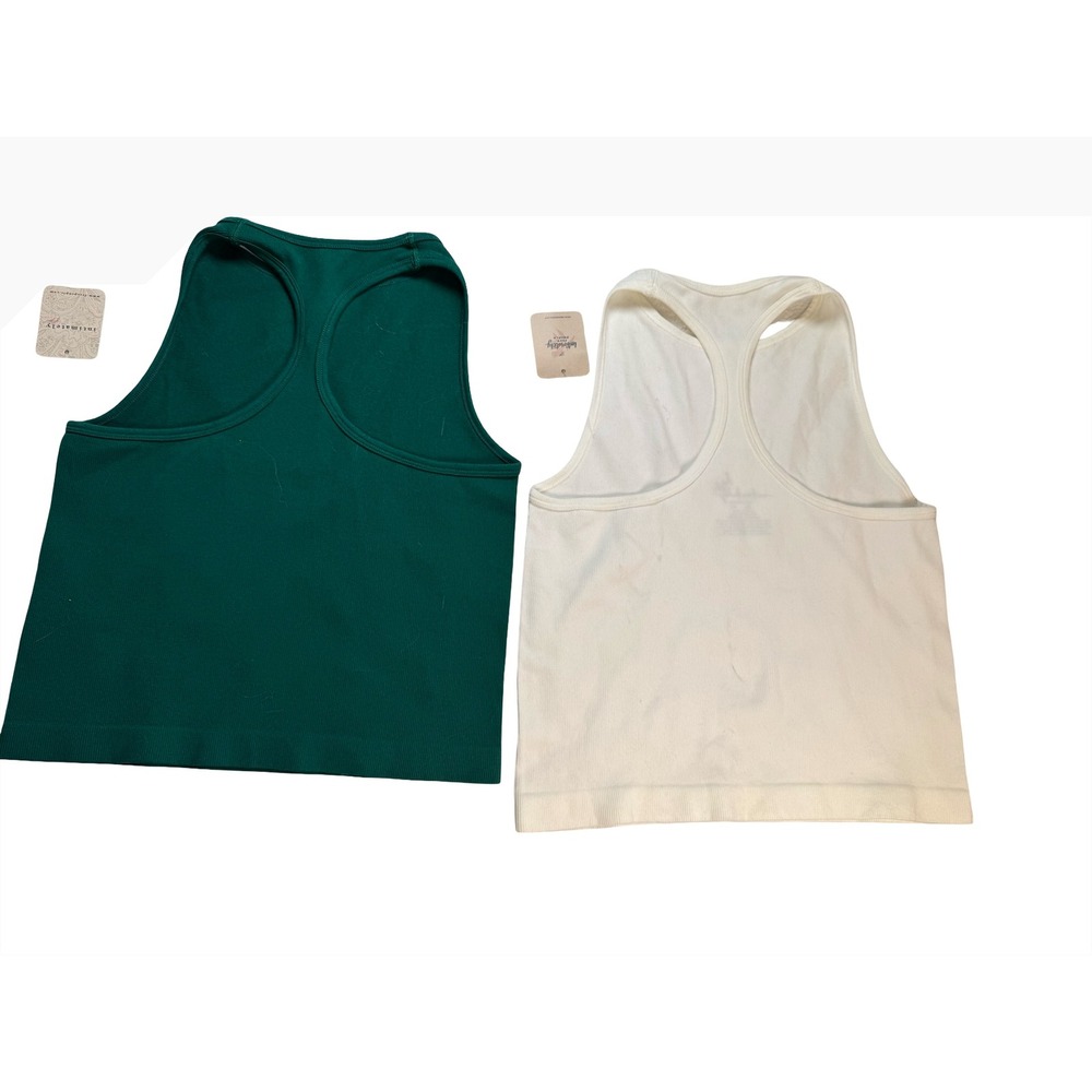 Free People Seamless Cropped Ribbed Tank Top 2-Pack Green & White New - Picture 2 of 2